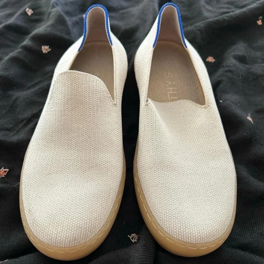 Rothy's Cream Slip-On Sneakers with Tan Sole and Blue Trim